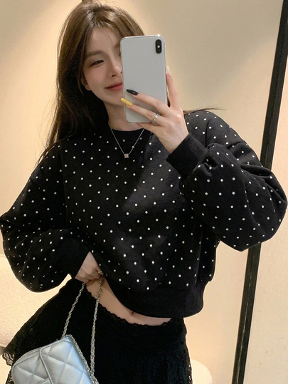 DAZY Women's Polka Dot Print Crew Neck Drop Shoulder Long Sleeve Sweatshirt Fall