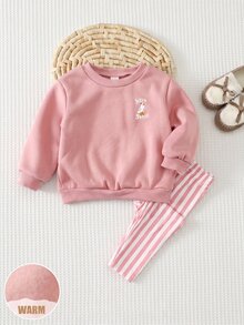 SHEIN 女嬰卡通字母印花運動衫與條紋長褲套裝 - 粉色 - 查看 8
