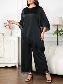 Reflora Plus Size Women Lace Patchwork Top And Pants Casual Daily 2 Pieces Set - Black - View 3