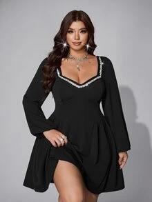 Viva Relle Plus Size Black Waist-Cinching Square Neck Decorated Long Sleeve Party Dress, Autumn/Winter Fall - Black - View 4
