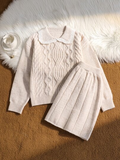 SHEIN Genkimix Kids طقم محبوك من قطعتين أنيق للبنات في الخريف/الشتاء، كنزة صوفية بياقة مطوية بأسلوب فرنسي عتيق لطيف محبوكة بغرزة سميكة بلون المشمش، وتنورة محبوكة، ملابس شتوية، أسلوب أنيق للبنات في الخريف/الشتاء، مناسبة للارتداء اليومي والمدرسة والخروجات والحفلات
