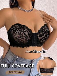 SHEIN 1 buah Bra Bandeau Berkawat dengan Penutup Renda di Bagian Depan, Ukuran Plus - Hitam - View 4