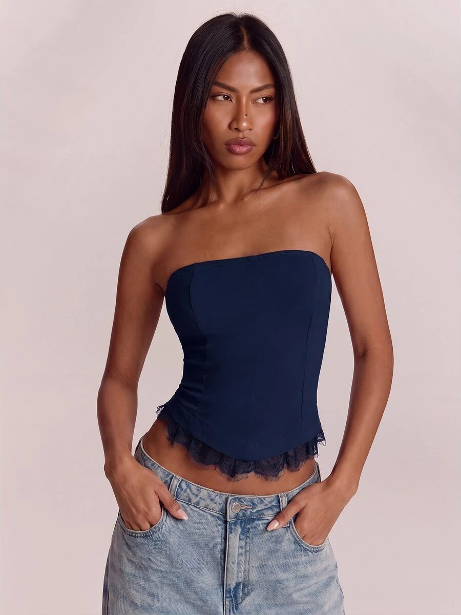 SHEIN BAE 女款素色休閒日常穿搭抹胸上衣 - 藏蓝色 - 查看 1