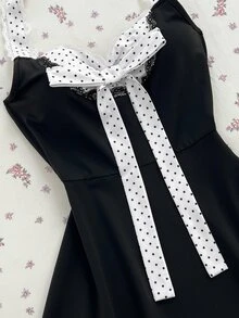 Mori Grove Mori Grove 女款黑白波點拼接蝴蝶結裝飾露背掛脖洋裝，約會之夜度假夏季性感復古風 - 黑與白 - 查看 4