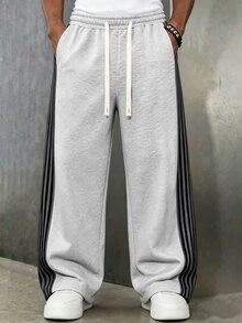 Manfinity Roghcode 年輕男性街頭風多功能單品：寬鬆休閒側邊緞帶設計鬆緊款 - 灰色 - 查看 4