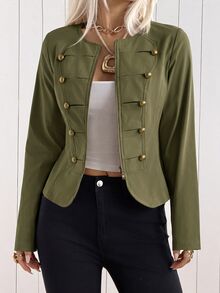 SHEIN EZwear 女款純色前拉鍊長袖拿破崙夾克 - 軍綠色 - 查看 2
