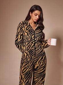 Lazeform American Retro Animal Print Plush Oversized Slimming Long Sleeve Jumpsuit Loungewear - Multicolor - View 6