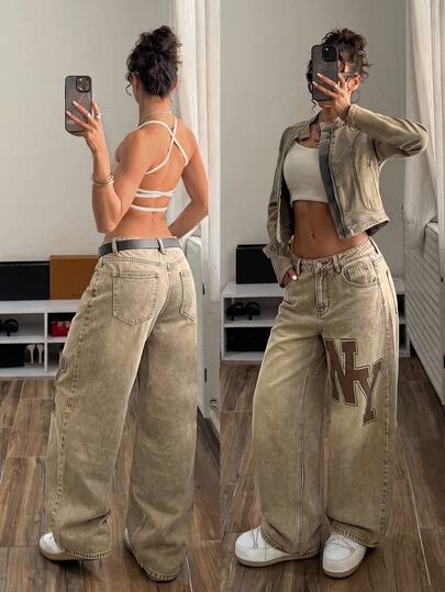 StreetHx Y2K 2000s Grunge Street Style Vintage Washed Distressed Denim Wide Leg Pants With NY Letter Patch And Graphic Print Casual Going Out Brown