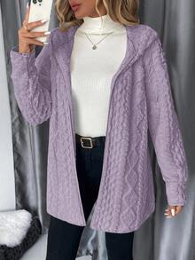 SHEIN Clasi 大尺碼冬季舒適麻花編織長袖連帽夾克 - 淡紫色 - 查看 3