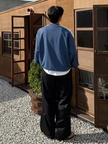 DAZY 男士海軍藍拼接字母印花對比抽繩設計抓絨套頭運動衫 - 藍色 - 查看 2