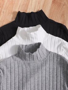 SHEIN 男童黑色、白色、灰色棉混紡高領長袖T恤多件組，觸感柔軟，適合外出、學校、運動及其他場合 - 彩色 - 查看 3