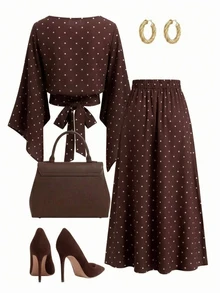 SHEIN Clasi Women's Polka Dot Bell Sleeve Top And Skirt Fashion Set - Mocha Brown - View 2