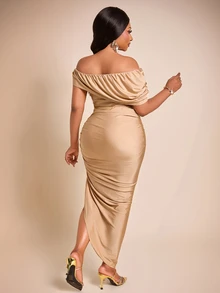 Brilight Off Shoulder Ruched Midi Bodycon Dress, Draped Asymmetrical Cocktail Dress For Party Wedding Guest F - Khaki - View 3