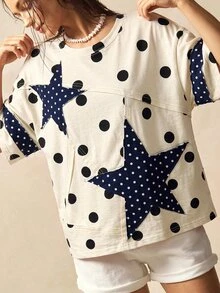 Bohemela Women's Polka Dot Print Star Patchwork T-Shirt - Multicolor - View 1