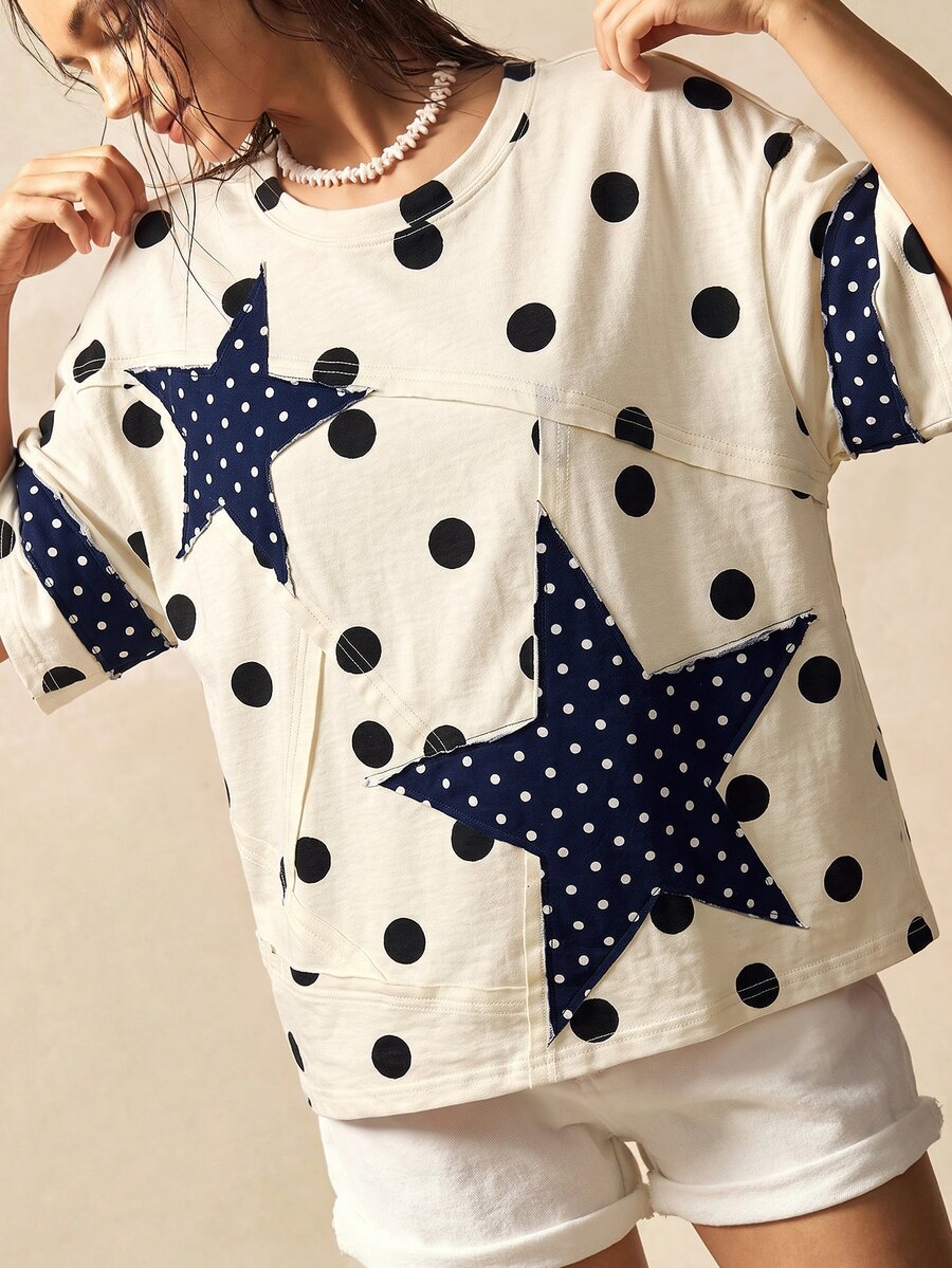 Bohemela Women's Polka Dot Print Star Patchwork T-Shirt - Multicolor - View 1