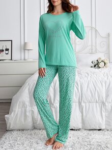 SHEIN طقم نوم وكاجوال نسائي من قطعتين باللون الأخضر النعناعي، قطن، مطبوع بنقشة قلب وحروف، أكمام طويلة وبنطال طويل - أخضر نعناع - مشاهدة 5