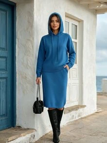 Faunlyn Women's Casual Elegant Solid Color Drop Shoulder Long Sleeve Drawstring Hooded Sweater And Knitted Skirt Set - Navy Blue - View 3