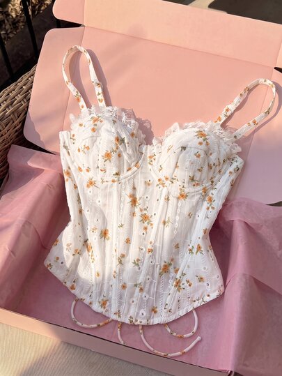 Comfortcana Women's Contrast Lace Ditsy Floral Shaping Camisole Top