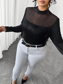 SHEIN Elenzya Plus Size Women's Elegant Commuter Slim Fit Casual T-Shirt With Tassel Mesh Patchwork Design Long Sleeve Fall - Black - View 4