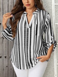 EMERY ROSE Plus Size Casual Striped Shirt, Autumn Fall - Black and White - View 5