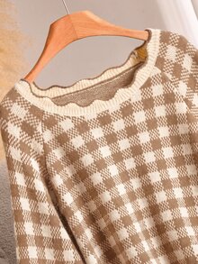 CosyJoli Sweater Lengan Panjang Kasual Serbaguna untuk Wanita Ukuran Besar, Motif Kotak-kotak, Cocok untuk Pemakaian Sehari-hari di Musim Dingin. - Aprikot - View 5