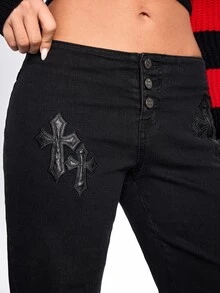 ROMWE Grunge Punk Indie Sleaze Hedi Youth Punk Cross PU Patch Embroidery Skinny Straight Leg Jeans For Women - Black - View 2
