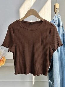 Comfortcana Plus Size Women's Solid Color Crew Neck Short Sleeve Ribbed Casual T-Shirt - Brown - View 3