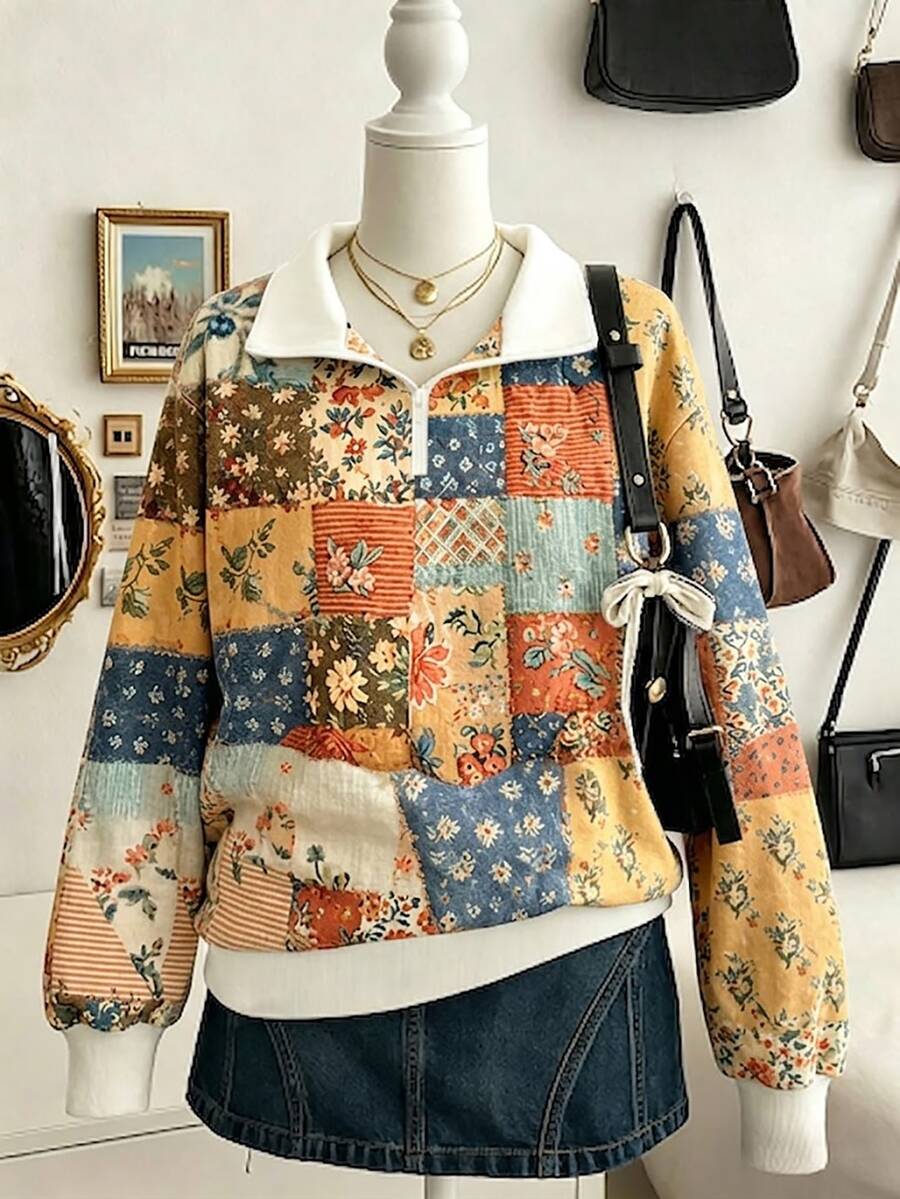 Lalippa 拼接花卉數位印花翻領半拉鍊寬鬆長袖大尺碼女款運動衫,休閒日常穿著、外出、購物 - 彩色 - 查看 1