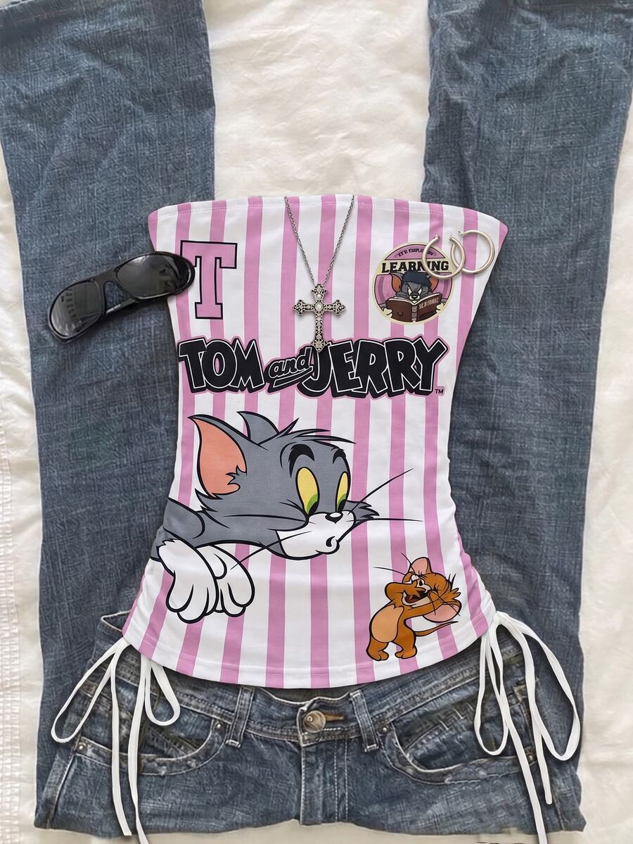 TOM & JERRY X SHEIN SHEIN EZwear 女款拼色條紋卡通印花側抽繩平口上衣 - 彩色 - 查看 1