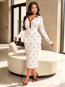 Brilight Sxy Heart Argyle Print Midi Bodycon Dress For Date Brunch Daily Streetwear - Apricot - View 5