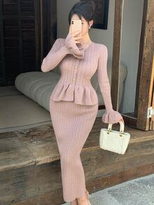 DAZY Women's Elegant Ruffle Cardigan & Knitted Skirt 2 Pieces Set, Autumn/Winter - Khaki - View 8