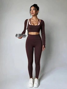 SHEIN Dewbera Women's Colorblock Long Sleeve Top And High Waist Leggings Casual Daily Sports Set - Coffee Brown - View 4