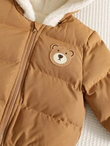 SHEIN 男嬰女嬰通用卡通熊拼接撞色連帽長袖夾克外套，百搭舒適保暖內裡加厚外套，適合秋冬穿著 - 棕色 - 查看 4