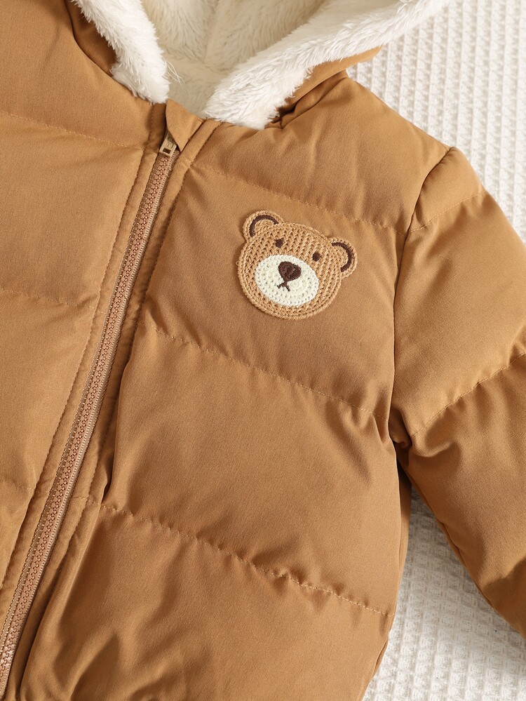 SHEIN Baby Boy Baby Girl Baby Boy Cartoon Bear Patchwork Contrast Color Hooded Long Sleeve Jacket Coat, Versatile Comfortable Thermal Lined Thickened Outerwear Suitable For Autumn And Winter - Brown - View 4