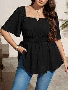 Comfylo Plus Size Women's Solid Color Pleated Casual Versatile Daily Wear Shirt - Black - View 5