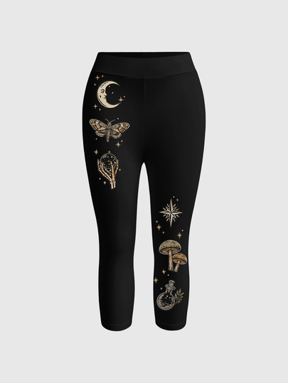 ROMWE Dark Hippie Vintage Sun Moon Star & Skull Print Women's Leggings