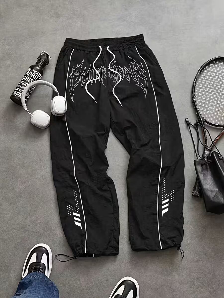 Sport MetroGents 男士抽繩腰字母印花休閒日常旅行運動長褲 - 黑色 - 查看 1
