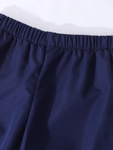 SHEIN 女童休閒百搭極簡風外套套裝，秋季穿搭，胸前白色字母刺繡，袖口與褲側白色緞帶蝴蝶結 - 藏蓝色 - 查看 4