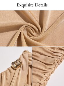 Brilight Off Shoulder Ruched Midi Bodycon Dress, Draped Asymmetrical Cocktail Dress For Party Wedding Guest F - Khaki - View 11