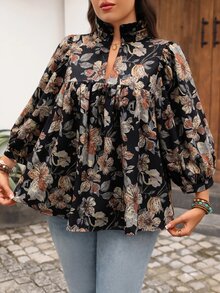 EMERY ROSE Plus Size Floral Print Lantern Sleeve Blouse Fall - Black - View 4