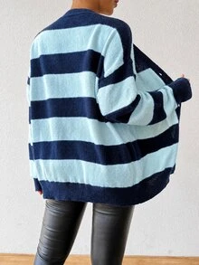 SHEIN 秋冬新款條紋仿貂毛針織開襟毛衣女款 - 藍色 - 查看 2