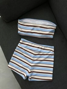 Livesso Bộ bikini 2 mảnh nữ mùa hè đi biển họa tiết sọc, áo bandeau và quần hipster - Nhiều màu - Xem 2
