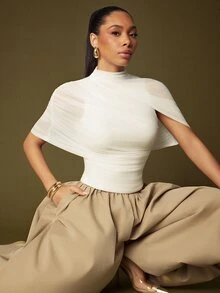 Vixey Burgundy Mesh Asymmetrical Draped Sleeve Mock Neck Top - White - View 1