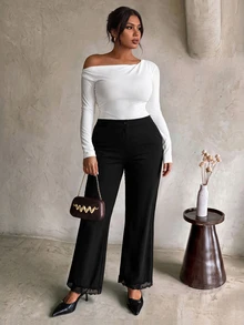 Firerie Plus Size Elegant Business Casual Smart Formal Commuter Party Dinner Office Evening Solid Color Pants Black Autumn Fall - Black - View 5
