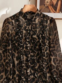 SHEIN Clasi Plus Size Women's Leopard Print Patchwork Ruffle Chiffon Elegant Blouse - Brown - View 3