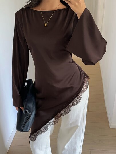 Aloruh Women's Deep Coffee Satin Round Neck Flared Sleeve Asymmetric Contrast Lace Trim Asymmetrical Hem Cinched Waist Slimming Mature Elegant Blouse Shirt
