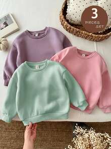 SHEIN LMoss Kids 女童 3件組 針織純色圓領寬鬆休閒秋冬衛衣套裝 - 彩色 - 查看 6