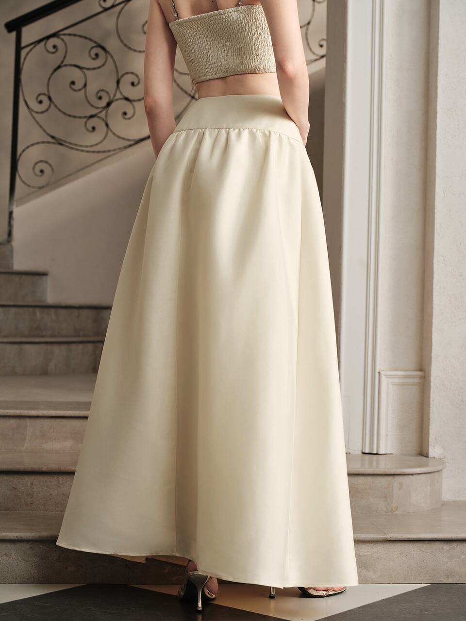 Anewsta Modern Fashion Apricot Ruched A-Line Flared Skirt