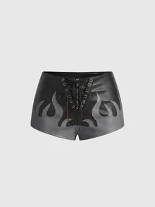 ROMWE Grunge Punk 夏季音樂節穿搭 龐克色塊火焰刺繡 超低腰緊身 PU 短褲 - 灰色 - 查看 1