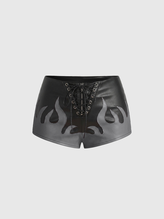 Grunge Punk Summer Music Festival Outfit Punk Colorblock Flame Embroidered Ultra Low Waist Tight PU Shorts